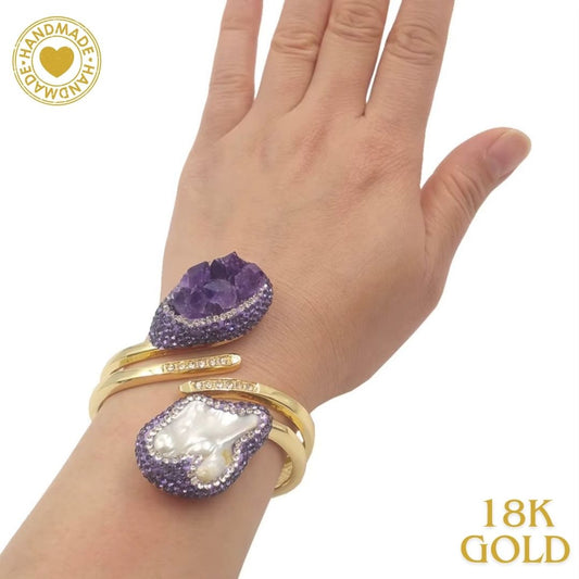 Handmade Baroque Pearl Amethyst Zirconium Embroidered 18K Gold Plated Bracelet Mood Royal