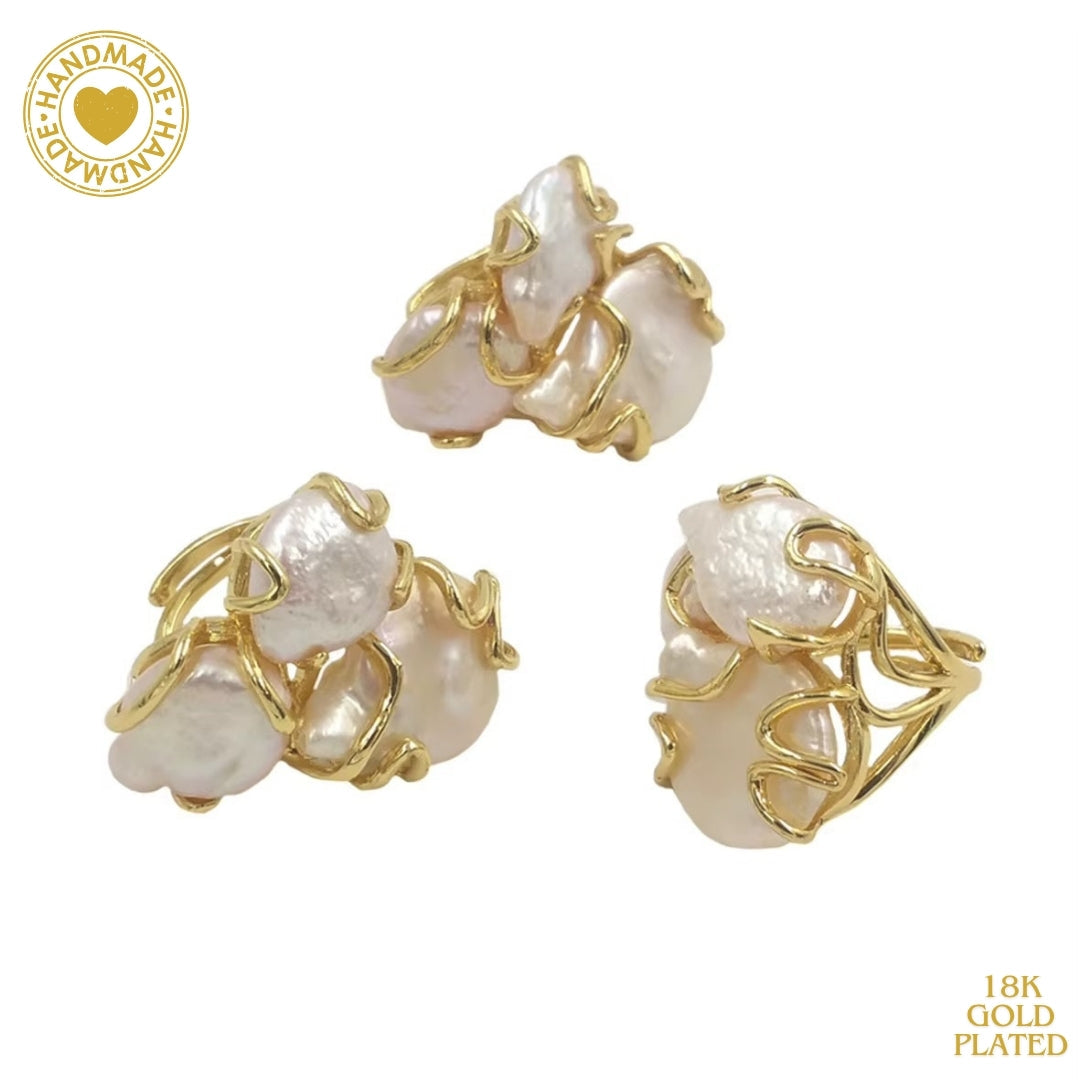 18K Gold Plated Baroque Pearl Vintage Adjustable Ring Mood Royal