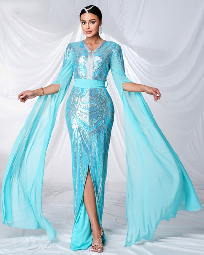 Light Blue V Neck Long Sleeve Sequined Evening Dress Mood Royal