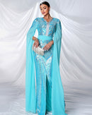 Light Blue V Neck Long Sleeve Sequined Evening Dress Mood Royal