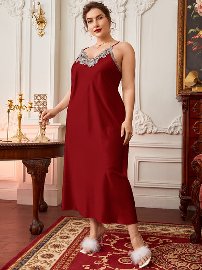 Satin Silk Lace Sleeveless V Neck Nightgown Plus Size Mood Royal