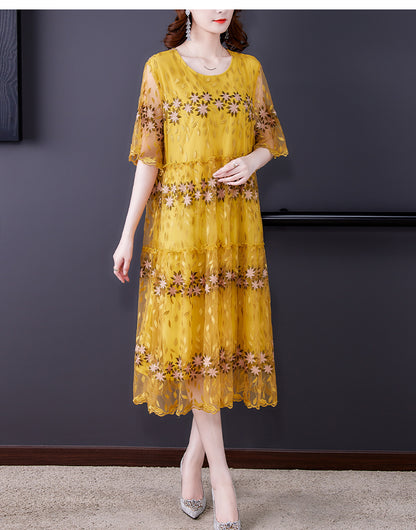 Women Blue Silk Embroidery Casual Long Dress Summer Boho Elegant Loose Luxury Dress 2024 Korean Fashion New Features of Dresses Mood Royal