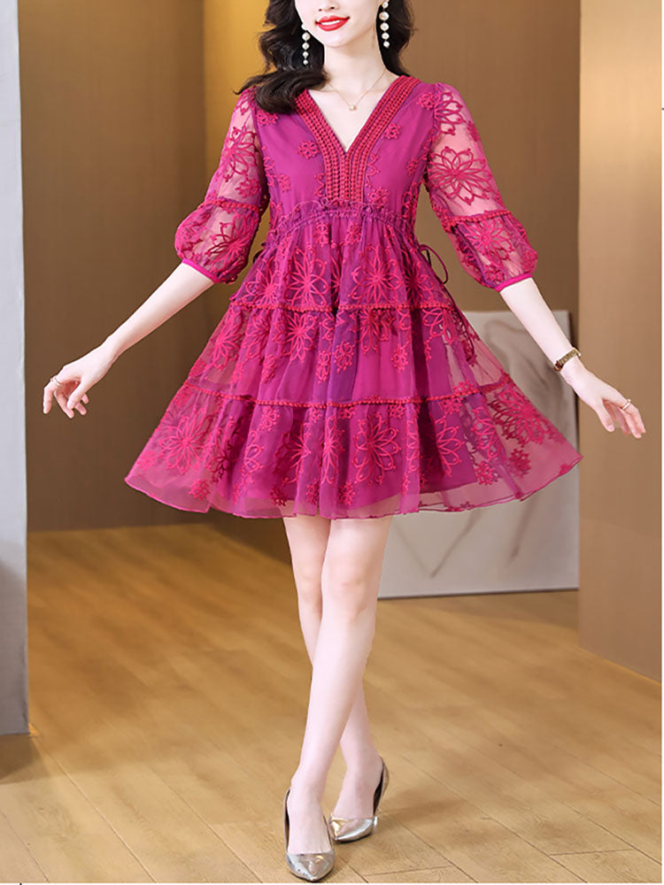 Rose Natural Silk Embroidery Hollow Out Sexy Midi Dress Summer Fashion Elegant Bodycon Dress Women Korean  Dresses Mood Royal