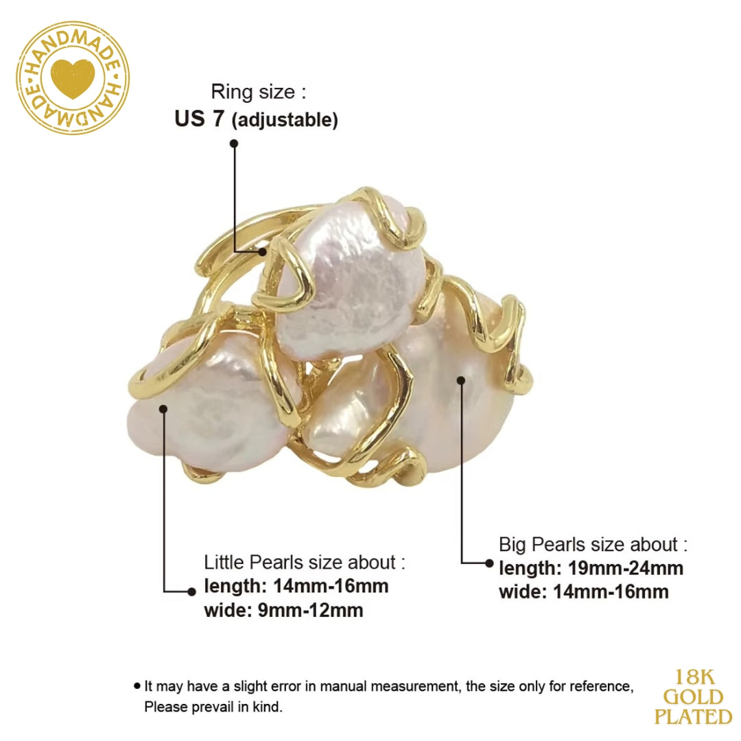 18K Gold Plated Baroque Pearl Vintage Adjustable Ring Mood Royal