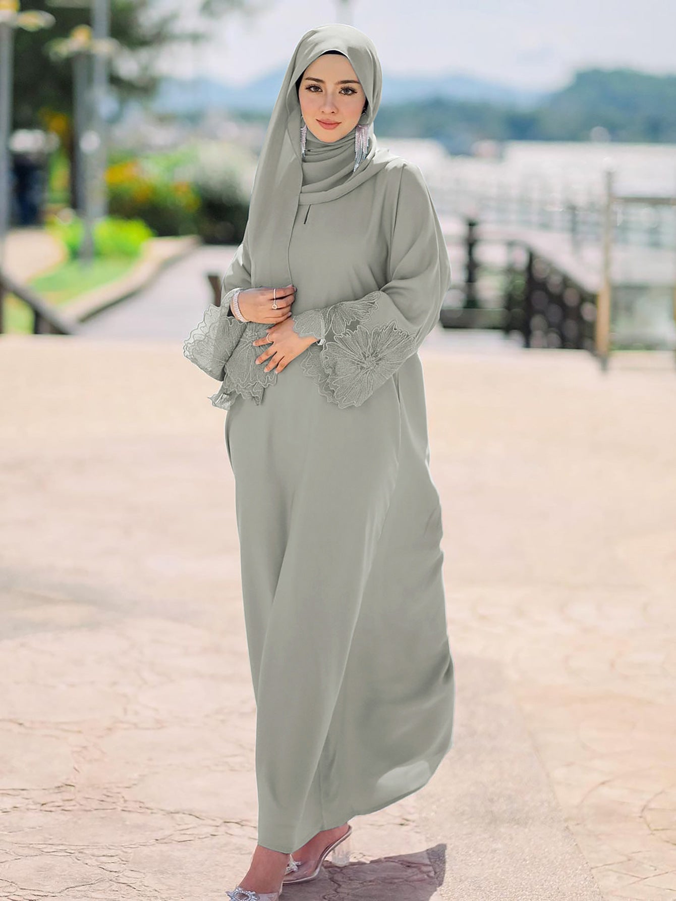 Lace Embroidery Sleeve Plain Abaya with Scarf My Store