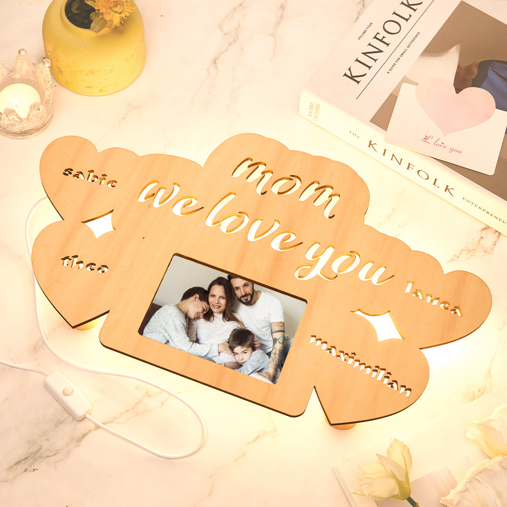 Custom engraved wooden photo frame night light for Mom with family picture, "Mom we love you" laser cut.
