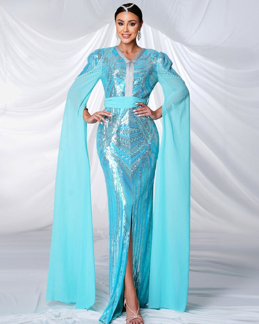 Light Blue V Neck Long Sleeve Sequined Evening Dress Mood Royal