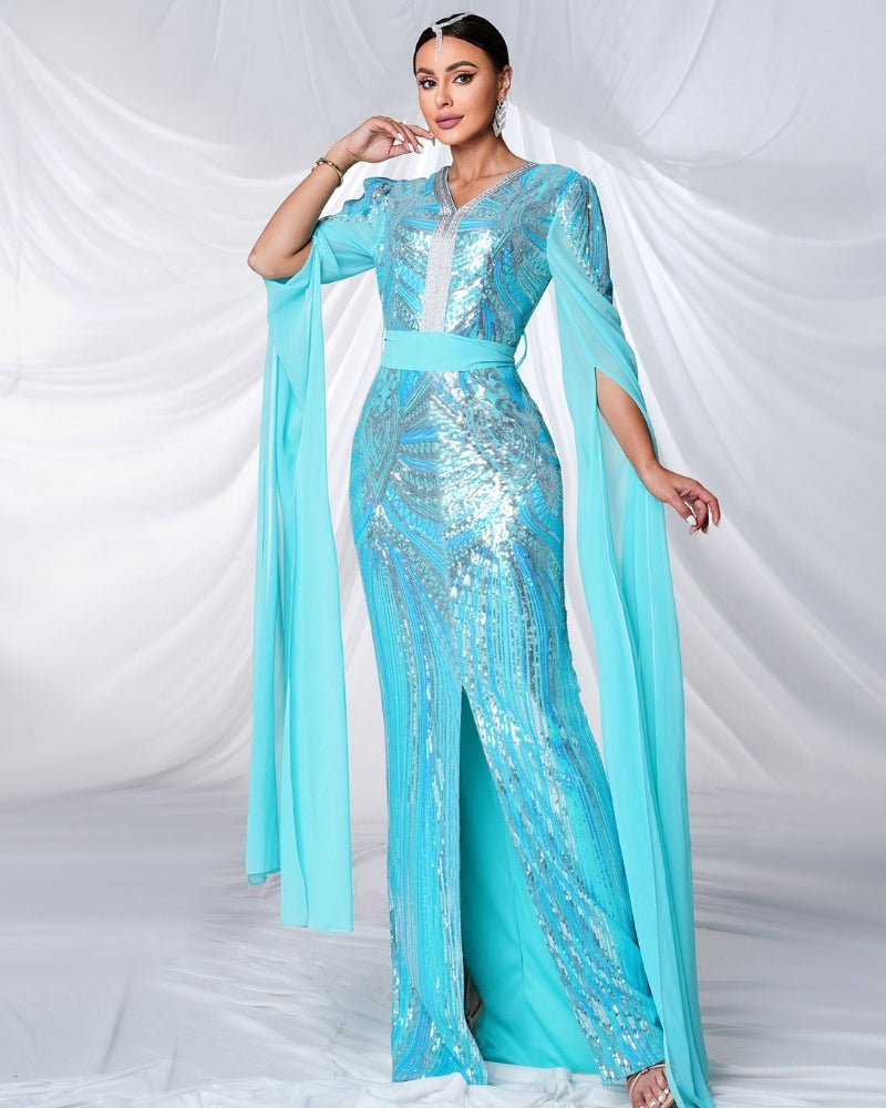 Light Blue V Neck Long Sleeve Sequined Evening Dress Mood Royal