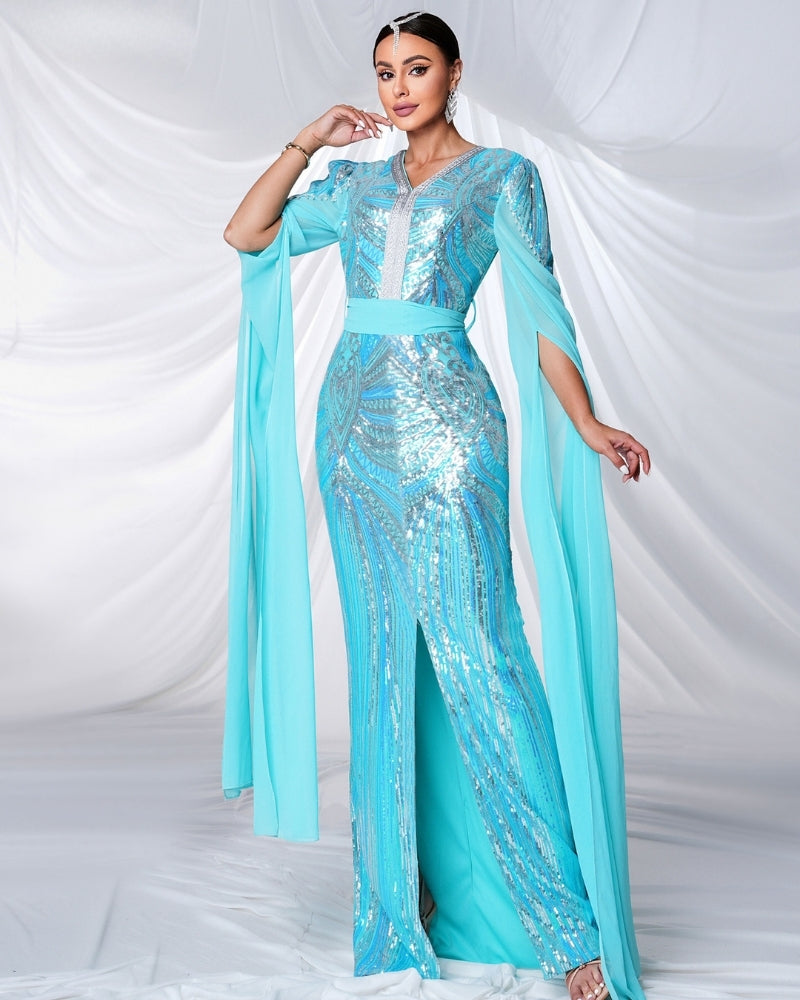 Light Blue V Neck Long Sleeve Sequined Evening Dress Mood Royal