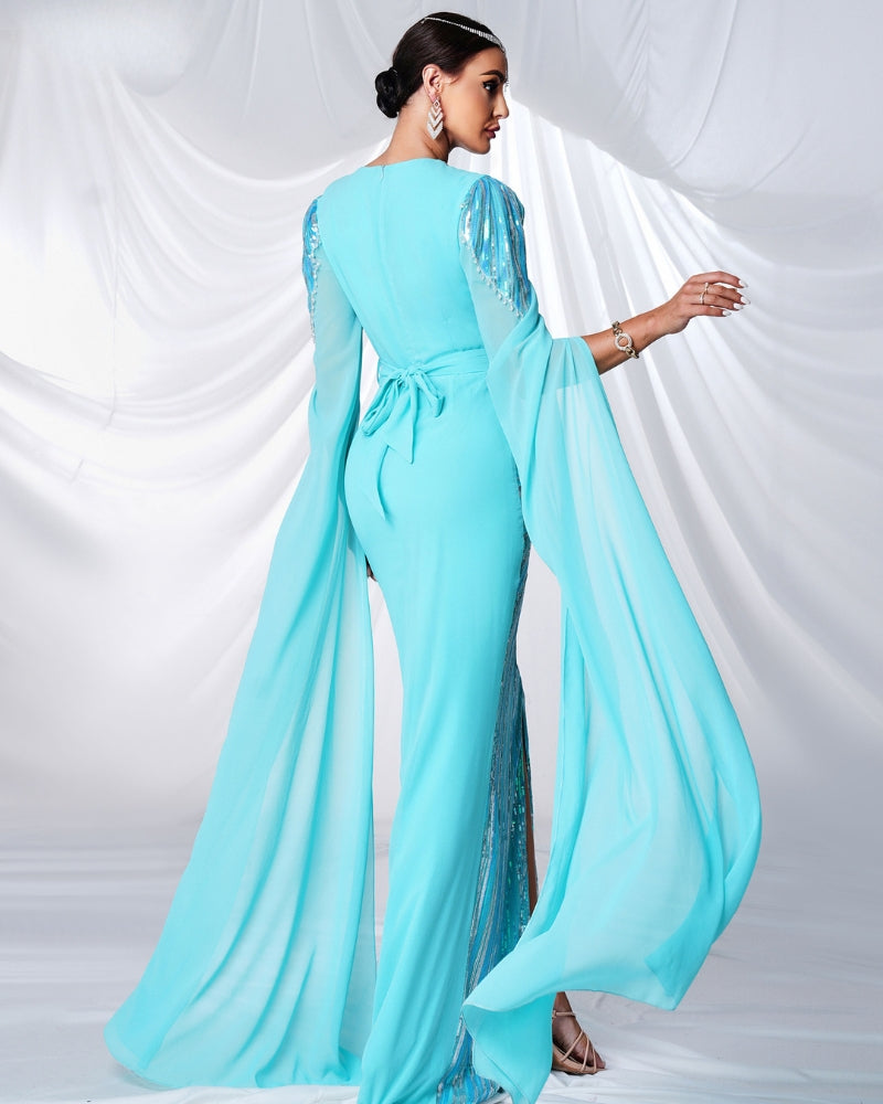 Light Blue V Neck Long Sleeve Sequined Evening Dress Mood Royal