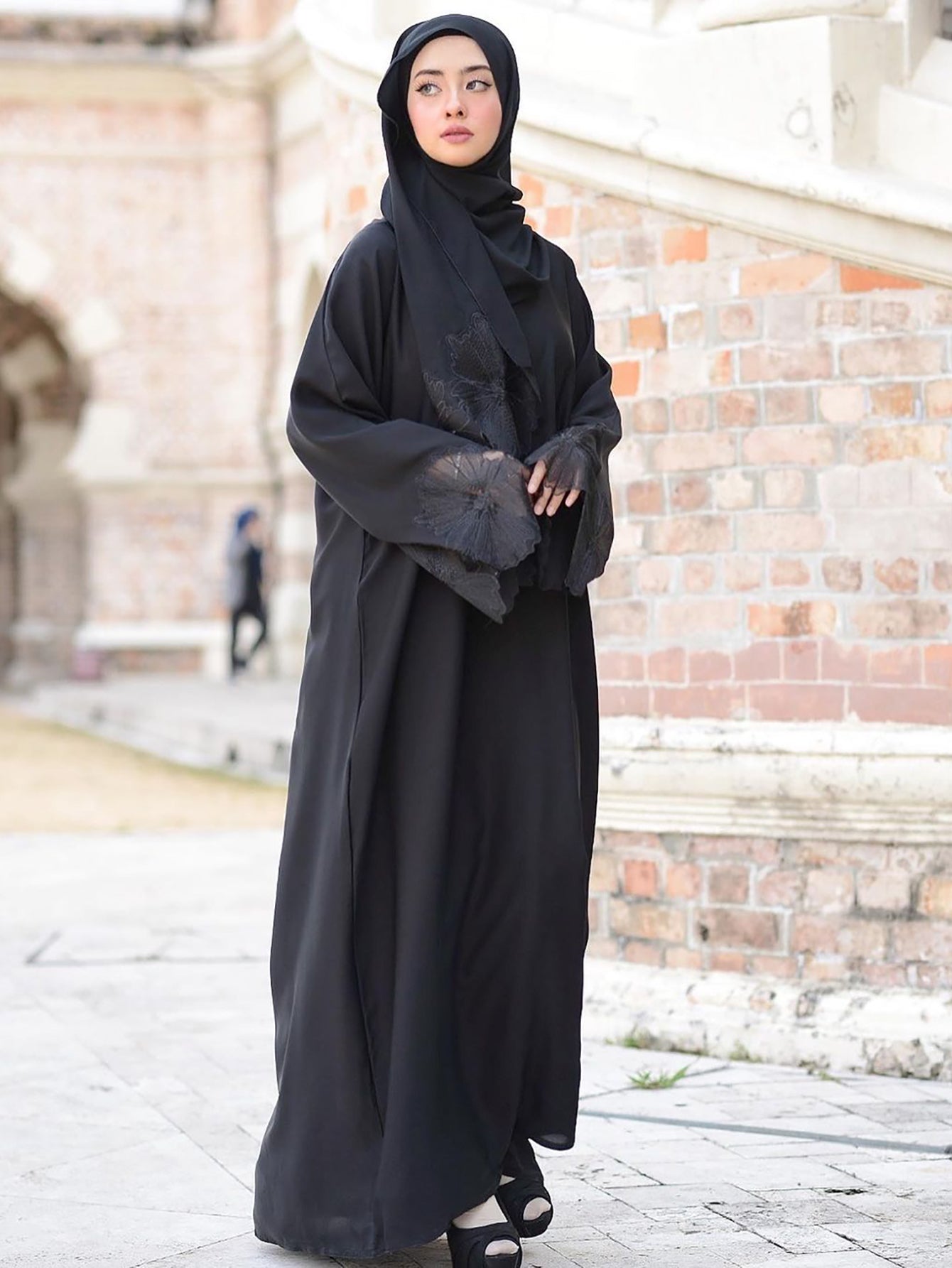 Lace Embroidery Sleeve Plain Abaya with Scarf My Store