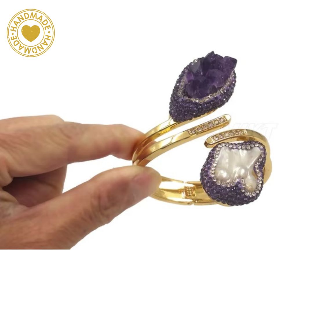 Handmade Baroque Pearl Amethyst Zirconium Embroidered 18K Gold Plated Bracelet Mood Royal