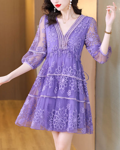 Rose Natural Silk Embroidery Hollow Out Sexy Midi Dress Summer Fashion Elegant Bodycon Dress Women Korean  Dresses Mood Royal