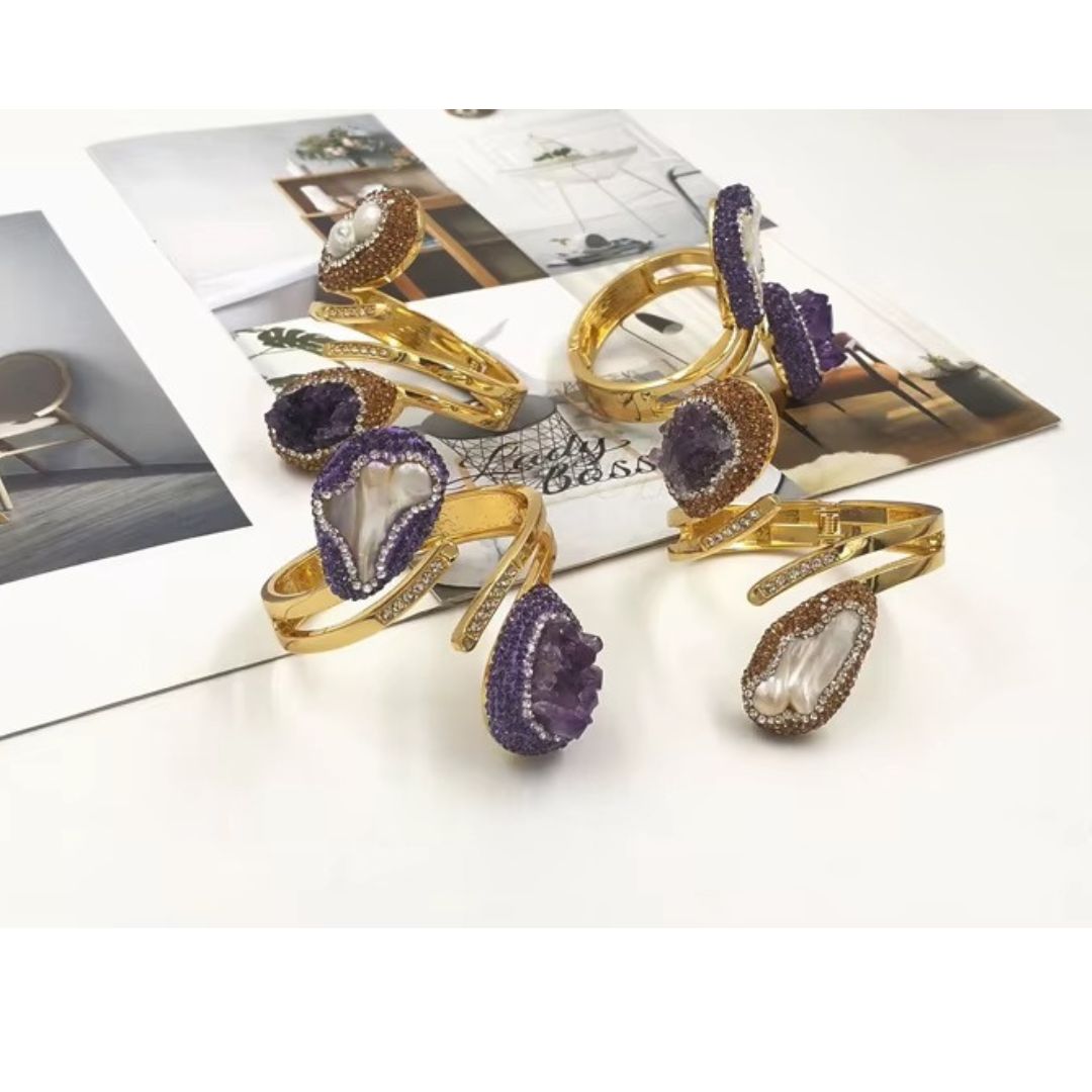 Handmade Baroque Pearl Amethyst Zirconium Embroidered 18K Gold Plated Bracelet Mood Royal