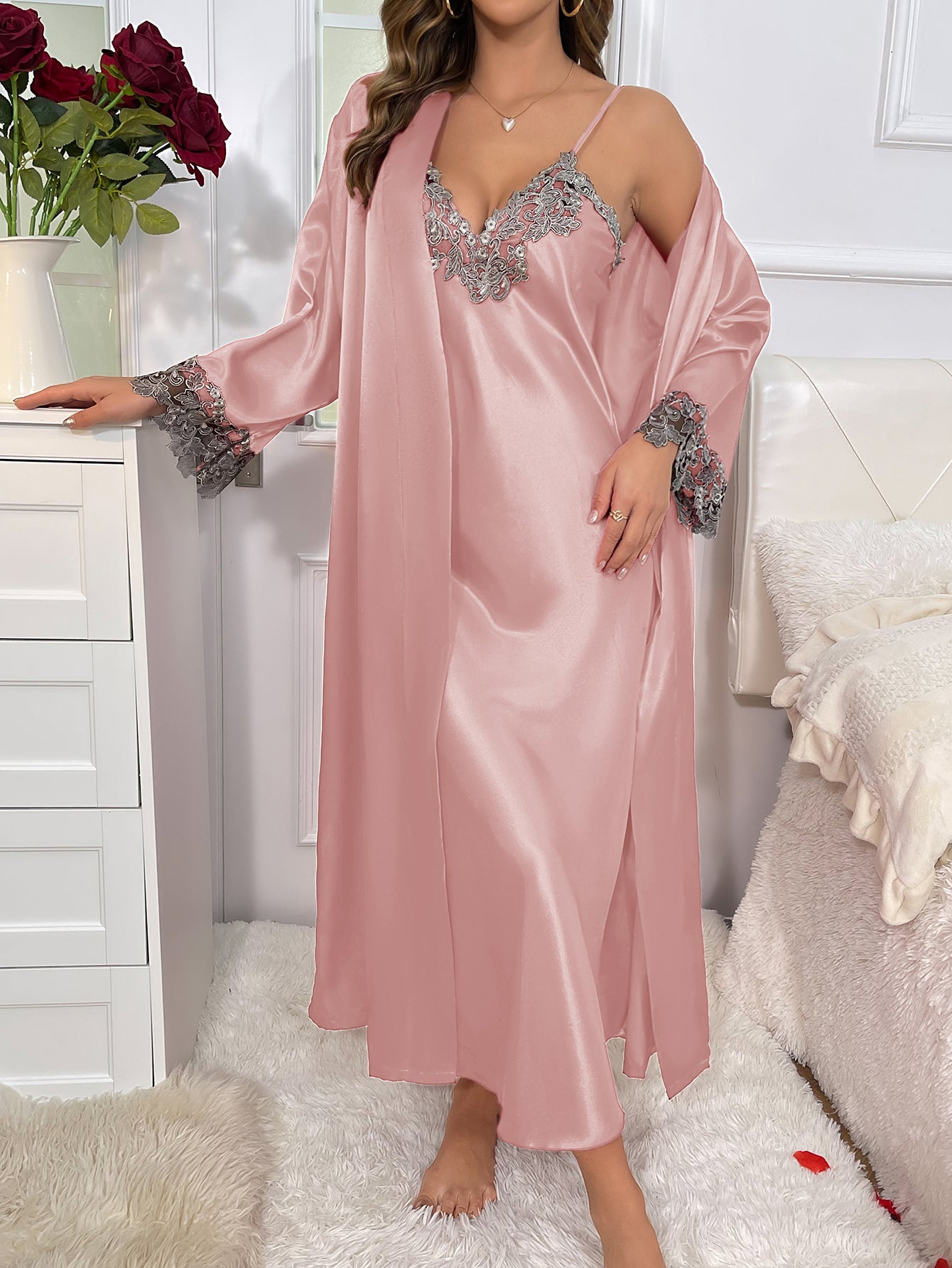 2cs Contrast Lace  Long Sleeve Belted Robe V Neck Slip Dress Sexy Elegant Women Pajamas  Sets Mood Royal