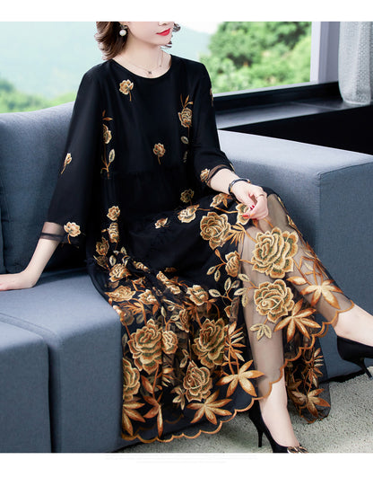 Chic Mesh Embroidered Dress 2024 Spring Autumn New Women's High-End A-Line Dress Flower Party Femme Vestidos y1421 Mood Royal