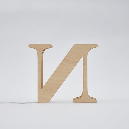 Personalized wooden letter "N" night light, laser-cut design, warm glow, 19CM