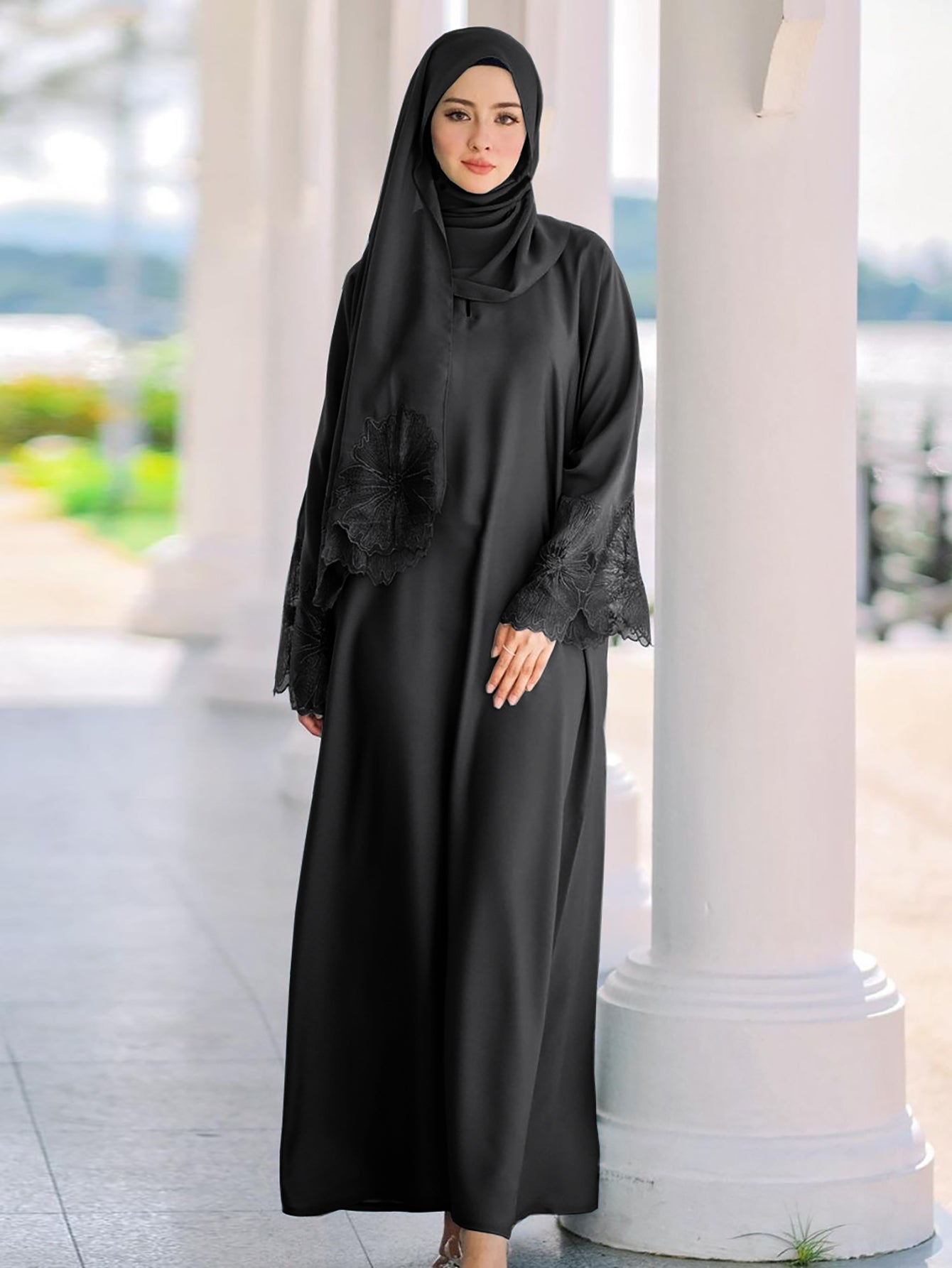 Lace Embroidery Sleeve Plain Abaya with Scarf My Store