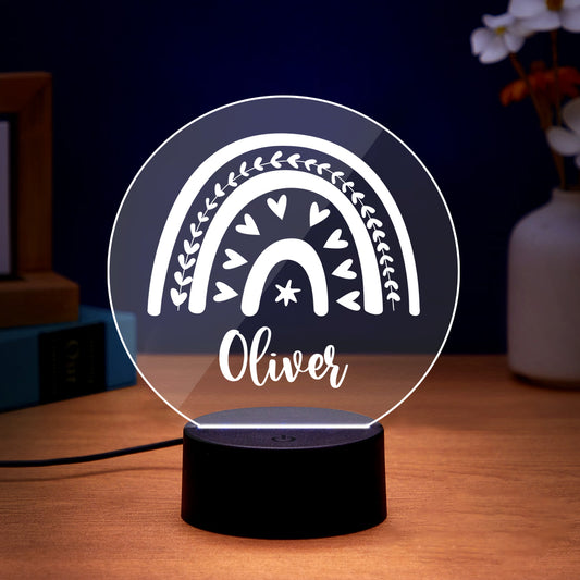 Custom Name Rainbow Baby Night Light personalized with Oliver, acrylic nursery decor lamp.