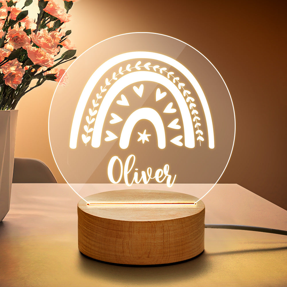 Custom Name Rainbow Night Light with Oliver, acrylic nursery decor lamp, wooden base and warm light.