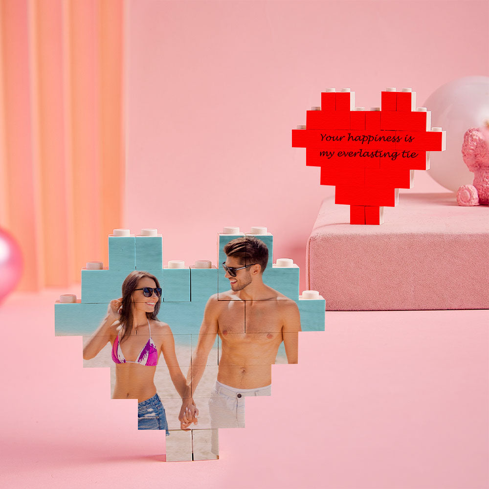 Custom heart-shaped photo block puzzle featuring a couple, DIY personalized gift, made of PVC with vibrant colors.