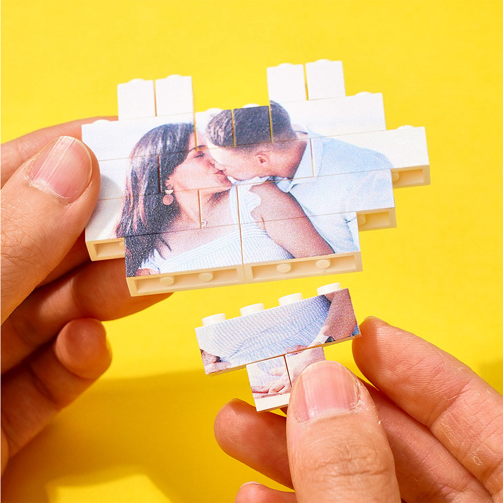 Assembling heart-shaped photo block puzzle featuring a couple's image, perfect personalized gift, DIY fun.