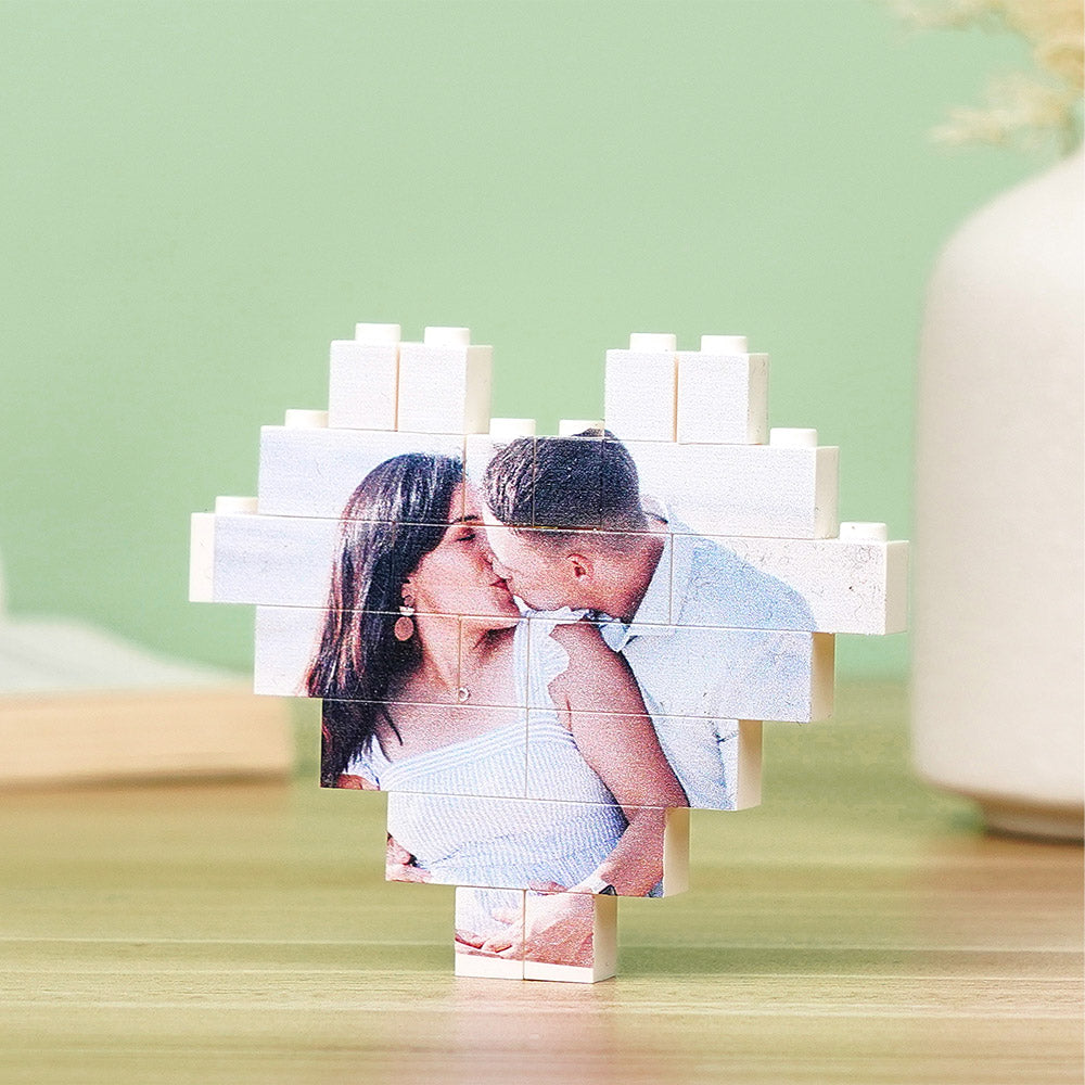 Heart shaped photo block puzzle with couple embracing, ideal for personalized gifts.