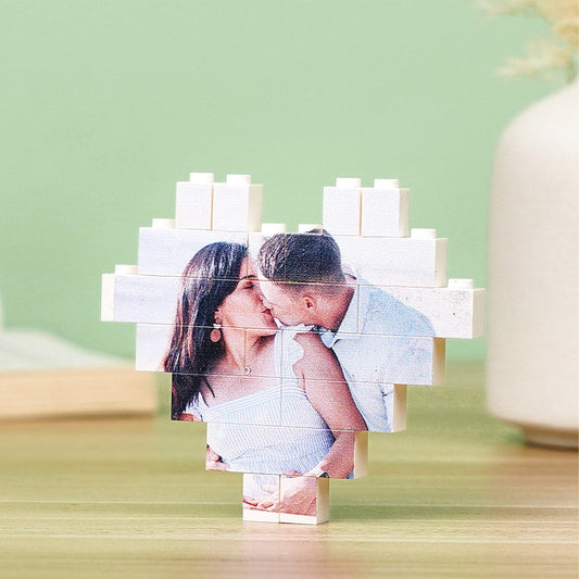 Heart shaped photo block puzzle with couple embracing, ideal for personalized gifts.