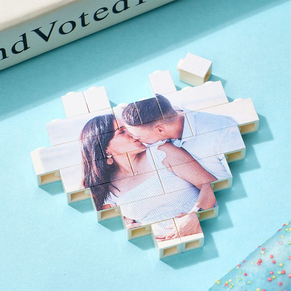 Heart-shaped photo block puzzle featuring couple embracing, perfect for personalized gifts.