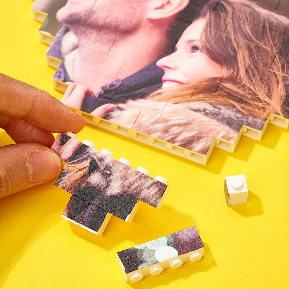 Heart-shaped photo block puzzle, assembling, featuring a couple's image, DIY gift. Made of PVC, waterproof, vibrant colors.