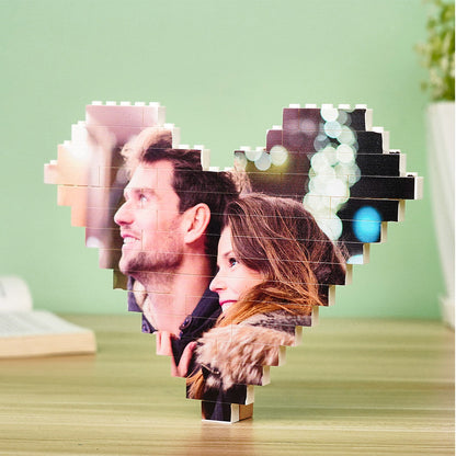 Heart-shaped photo block puzzle with couple's image, custom DIY gift.