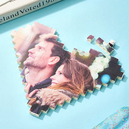 Heart-shaped photo block puzzle, featuring a couple's image, custom DIY gift, made of PVC, waterproof, and vibrant colors.