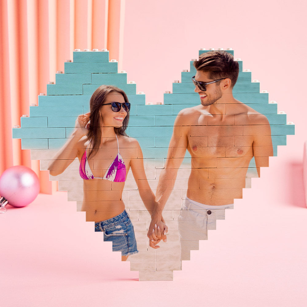 Heart-shaped photo block puzzle featuring a couple at the beach, perfect personalized gift