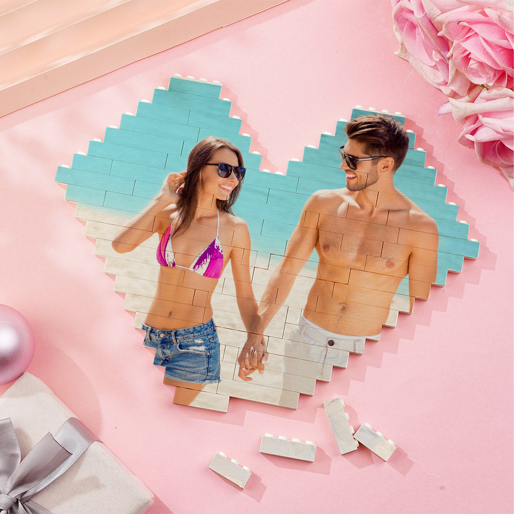 Custom heart-shaped photo block puzzle, couple at beach, DIY personalized gift, PVC material.