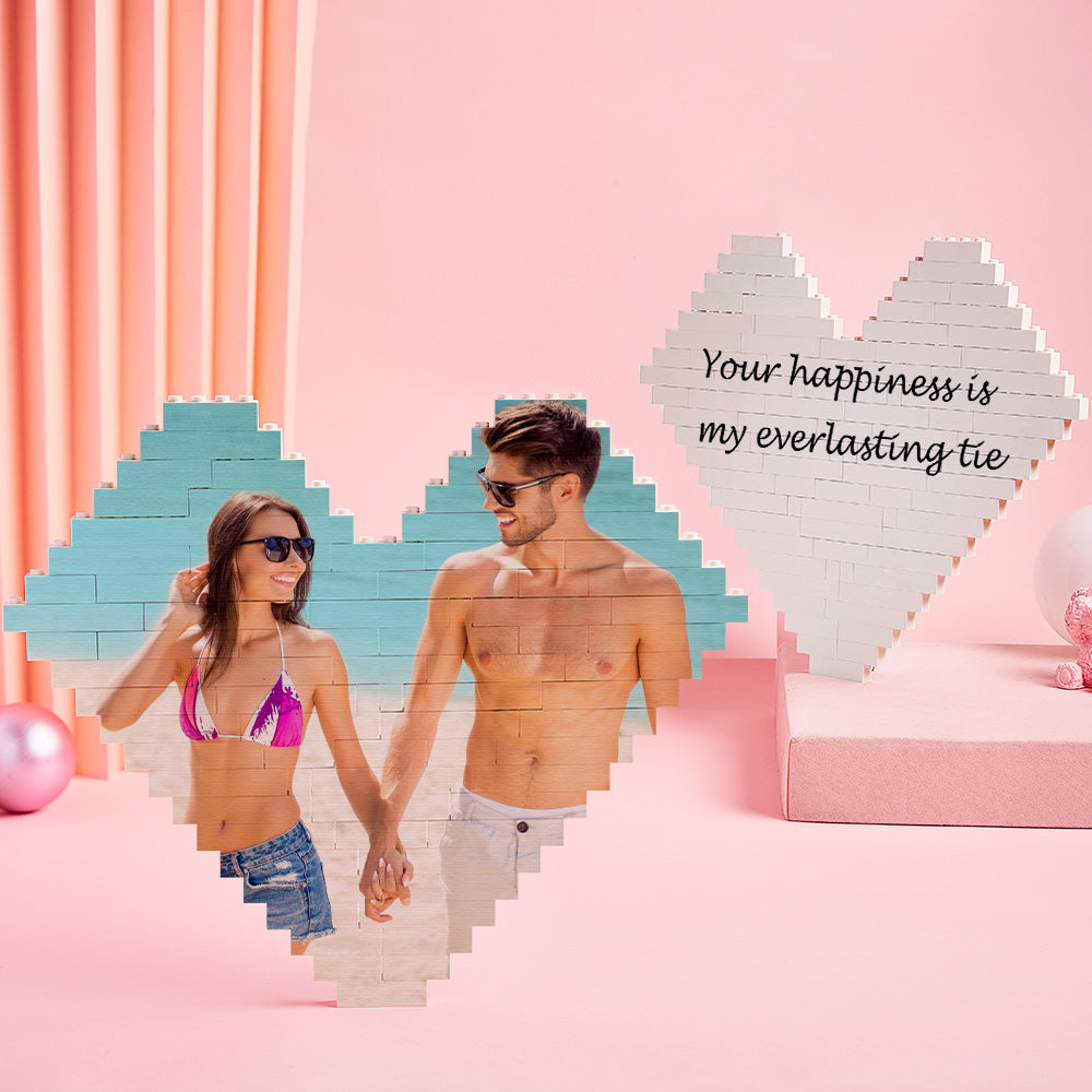 Custom heart-shaped PVC photo block puzzle with couple's photo, beach scene, DIY gift, 'Your Relationship Is My Masterpiece'.