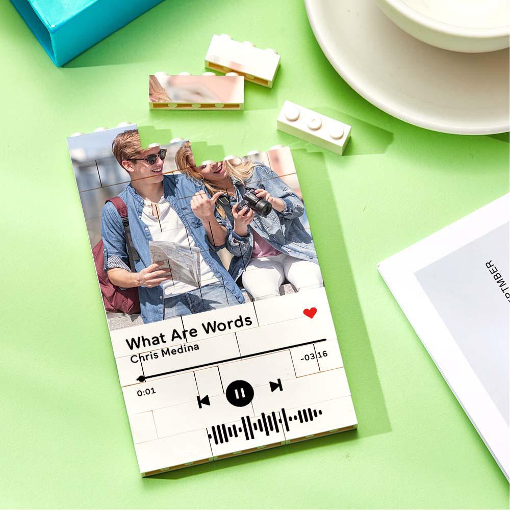 Personalized photo brick puzzle with couple's photo and music code, unique gift.