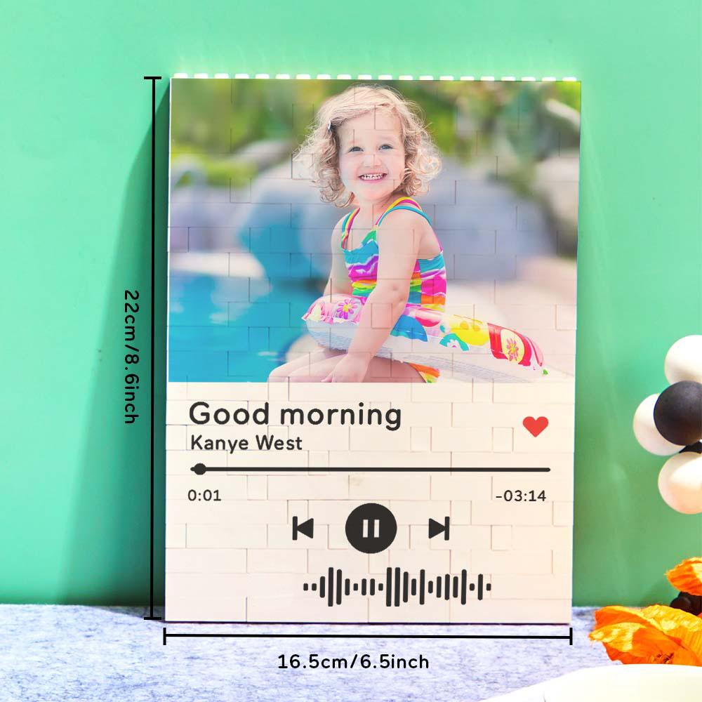 Photo block with music code, "Good morning" song. Interlocking brick, a unique personalized gift.