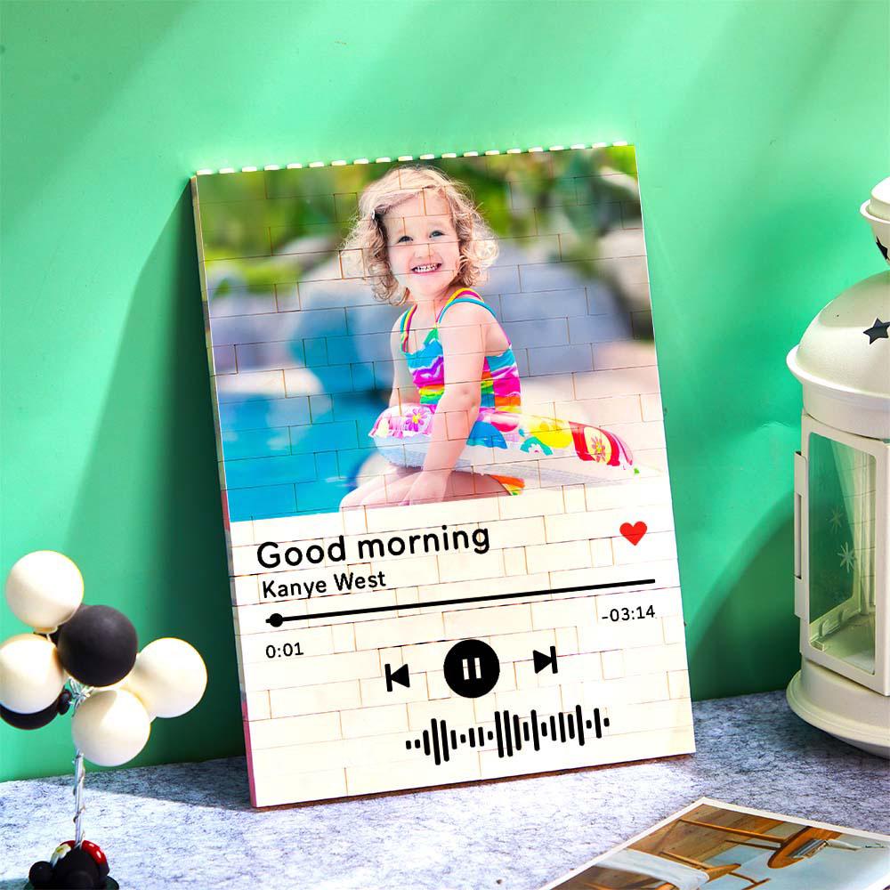 Personalized photo block with 'Good morning' music code, a unique gift for family