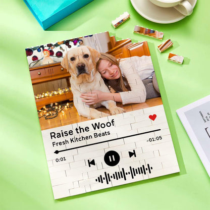 Personalized photo brick puzzle with dog and woman, music code 'Raise the Woof!' Unique gift