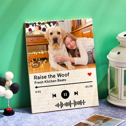 Personalized photo brick puzzle with dog and woman, music code 'Raise the Woof!' Unique gift