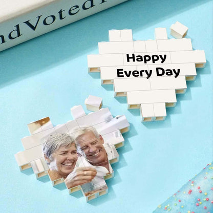Personalized Heart-Shaped Building Brick Puzzle with Photo and text 'Happy Every Day'. DIY Gift.