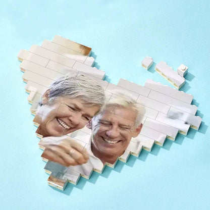 Personalized heart-shaped photo block puzzle with a couple image, white interlocking bricks, DIY gift