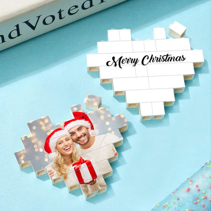 Personalized Heart Shaped Photo Block with Merry Christmas message, building block style, perfect Christmas gift