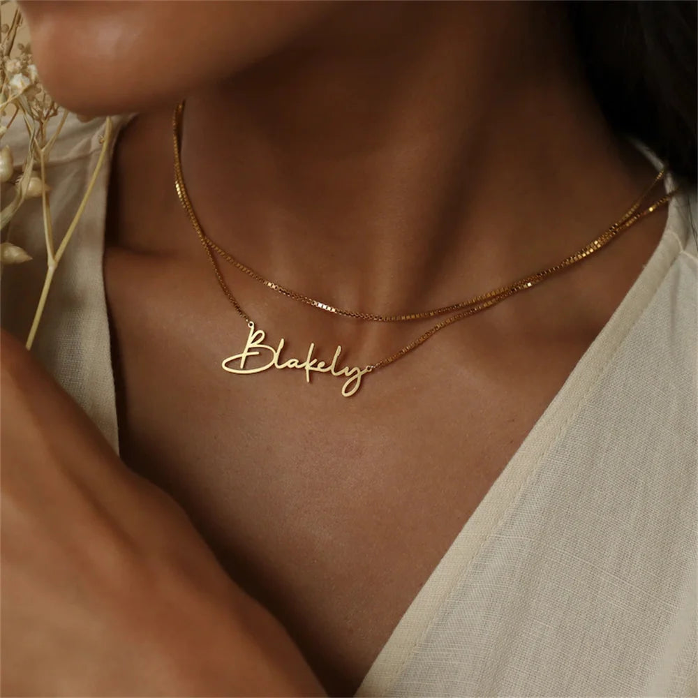 Custom Name Necklaces For Women Personalised Cursive Font Stainless Steel Box Chain Gold Choker Necklace Nameplate Jewelry Gift - Customized Necklaces