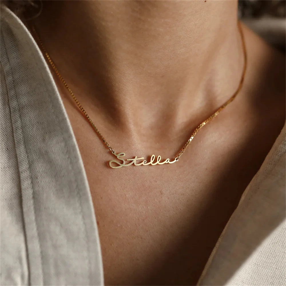 Custom Name Necklaces For Women Personalised Cursive Font Stainless Steel Box Chain Gold Choker Necklace Nameplate Jewelry Gift - Customized Necklaces