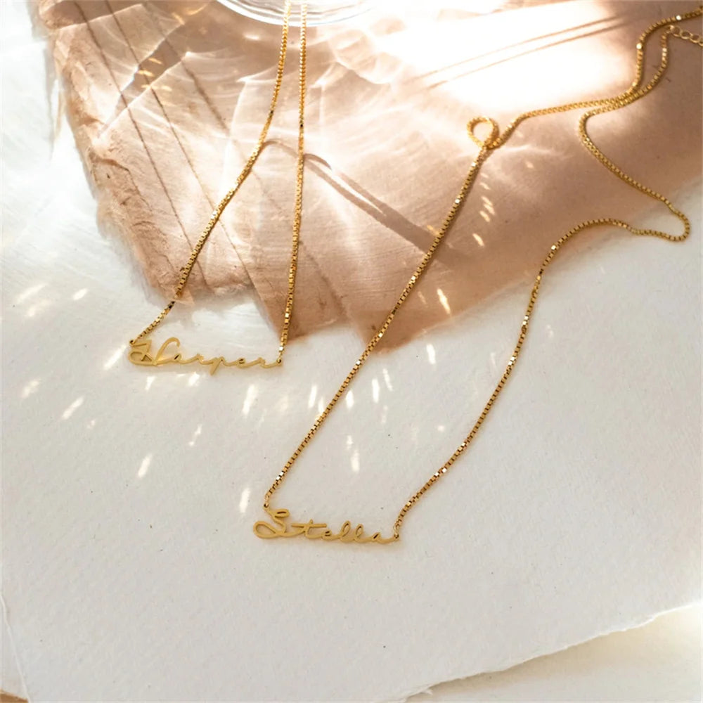 Custom Name Necklaces For Women Personalised Cursive Font Stainless Steel Box Chain Gold Choker Necklace Nameplate Jewelry Gift - Customized Necklaces