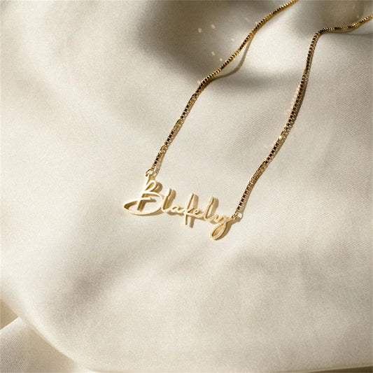Custom Name Necklaces For Women Personalised Cursive Font Stainless Steel Box Chain Gold Choker Necklace Nameplate Jewelry Gift - Customized Necklaces