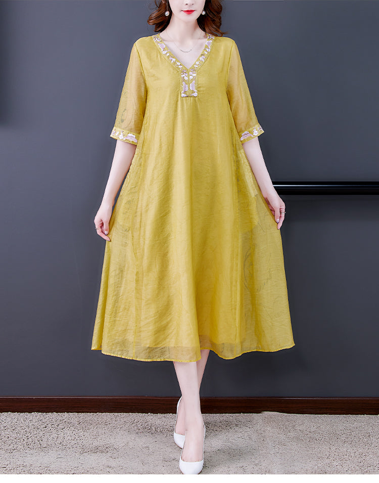 Embroidered Cotton And Tulle Dress With Three Quarter Sleeves Mood Royal