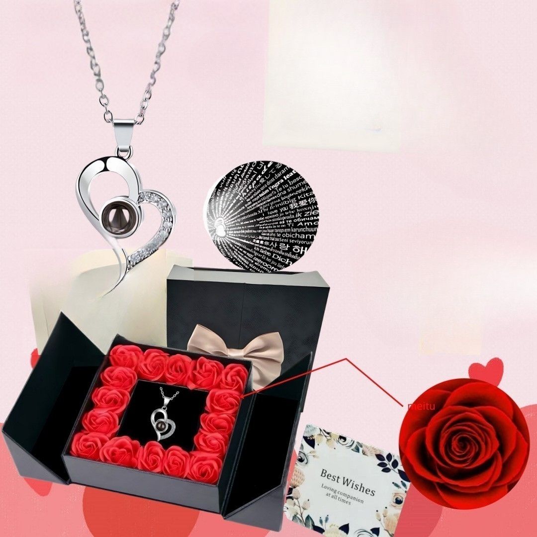 Cross Border Hot Sale 100 Languages Love Pendant Nis Fashion Women's Clavicle Chain High Sense Heart Shaped Projection Necklace Mood Royal