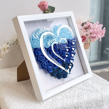 Personalized blue heart flower shadow box for Mom in white frame, a perfect Mother's Day gift.